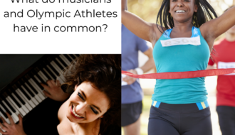 Smiling female pianist playing a grand piano alongside a victorious female Olympic athlete crossing the finish line.