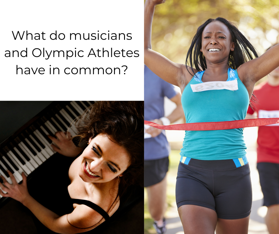 Smiling female pianist playing a grand piano alongside a victorious female Olympic athlete crossing the finish line.